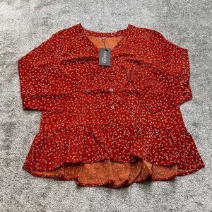 Tasamo Blouse Top Womens 2XL Orange Floral Button Up Long Sleeve Shirt New NWT